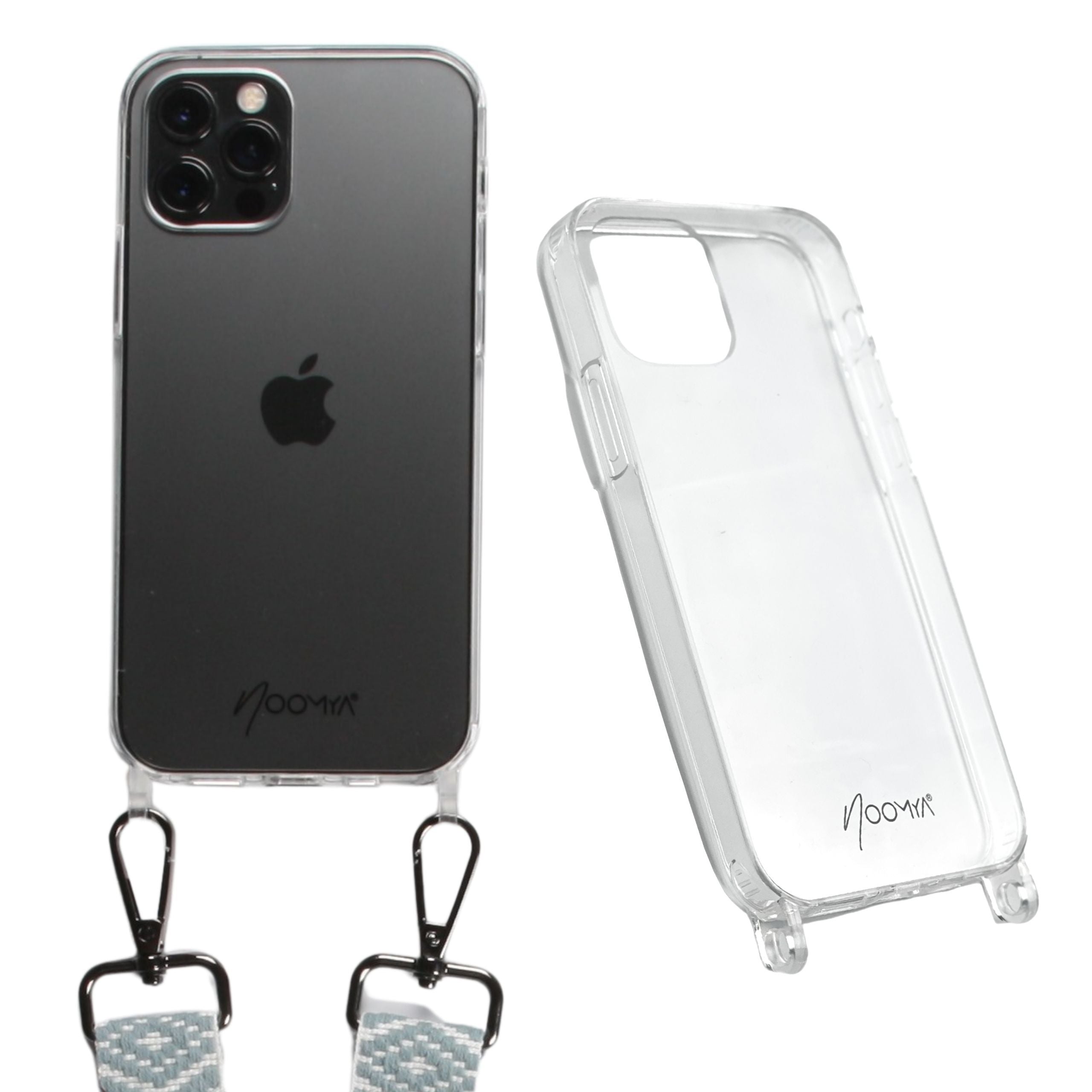 NOOMYA® Smart Strap sind die trendigen breiten Handyketten aus gewebten Baumwollbändern mit passender hochwertiger iPhone Handyhülle für die Modelle iPhone 12 / 12 Pro. Die glasklaren Handy Cases sind aus einem Gruß und kommen ohne Metallringe aus, um Kratzer zu verhindern. Ecken-Airbags schützen das Smartphone bei Stürzen und die Raised-Lip bietet Rundumschutz für Display und Kamera