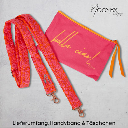 Aufwendig besticktes NOOMYA Handyband breit Pink Popsicle in leuchtendem Orange mit Pinkfarbener Blumenstickerei beidseitig bestickt aus Baumwolle mit Roséfarbenen Karabinern zum einfachen wechseln. Handykette zum Umhängen mit passendem Kosmetiktäschchen